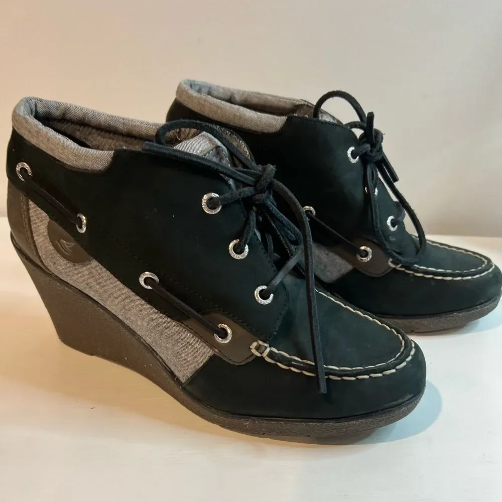 Sperry Top Slider Hadley Wedge booties Black Grey Suede wedges SZ 9